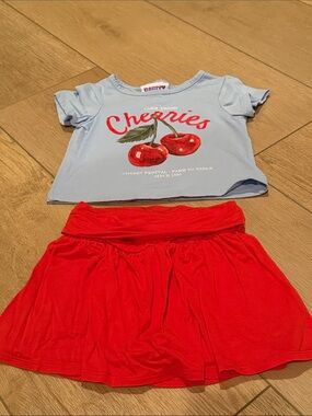 Cherries Kids Matching Set - Light Blue Top & Red Skirt